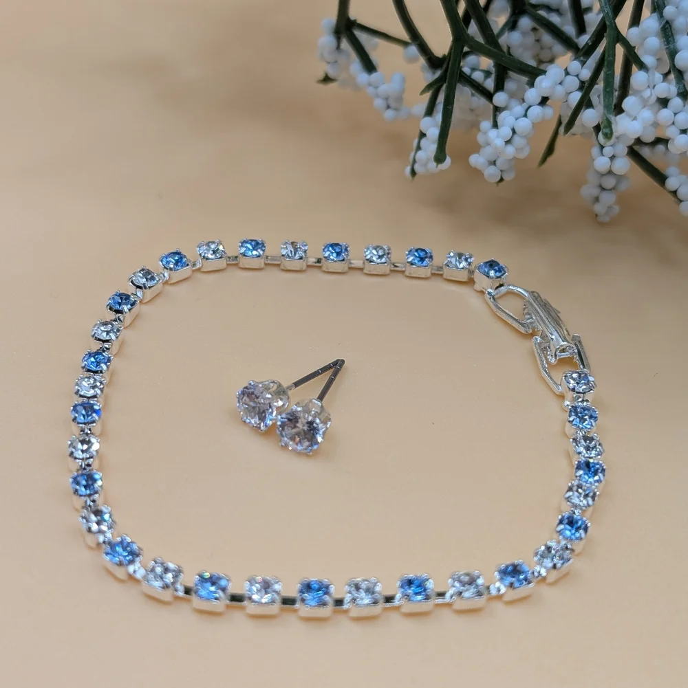 Elegant Silver and Blue Bracelet and Earring Set Made w/ Swarovski Crystals